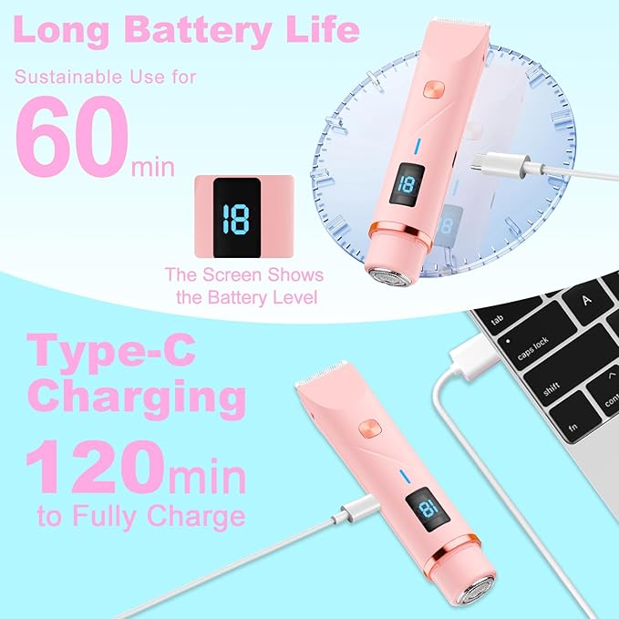 Bikini Trimmer for Women, 2 in 1 Electric Razors for Women Pubic Hair, IPX7 Waterproof Dual Head Bikini Shaver with LED Display, Rechargeable Electric Trimmer (Pink)