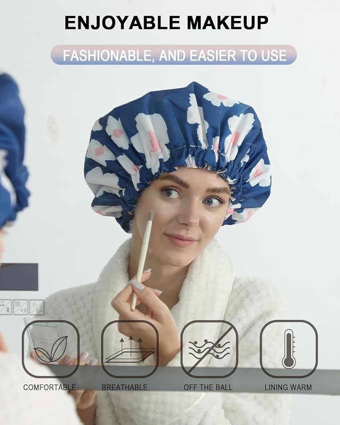 YIZIJIZI Shower Cap,Shower Caps for Women Reusable Waterproof,Two Layer Large Shower Caps Reusable Suitable for All Types of Straight Hair, Curly Hair, Long Hair,Braids (Blue flowers)