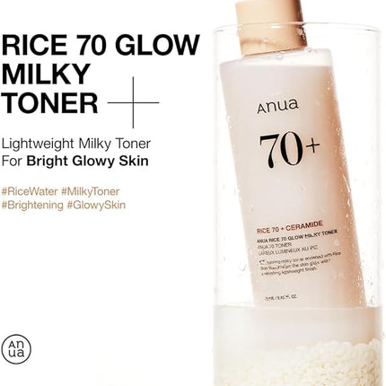 Anua Rice 70 Glow Milky Toner, Glass & Dewy Skin, Hydrating & Barrier Care, Rice Water, Niacinamide, Ceramides, All Skin Types, Fragrance-Free, Non Comedogenic, Korean Skincare, 8.45fl.oz