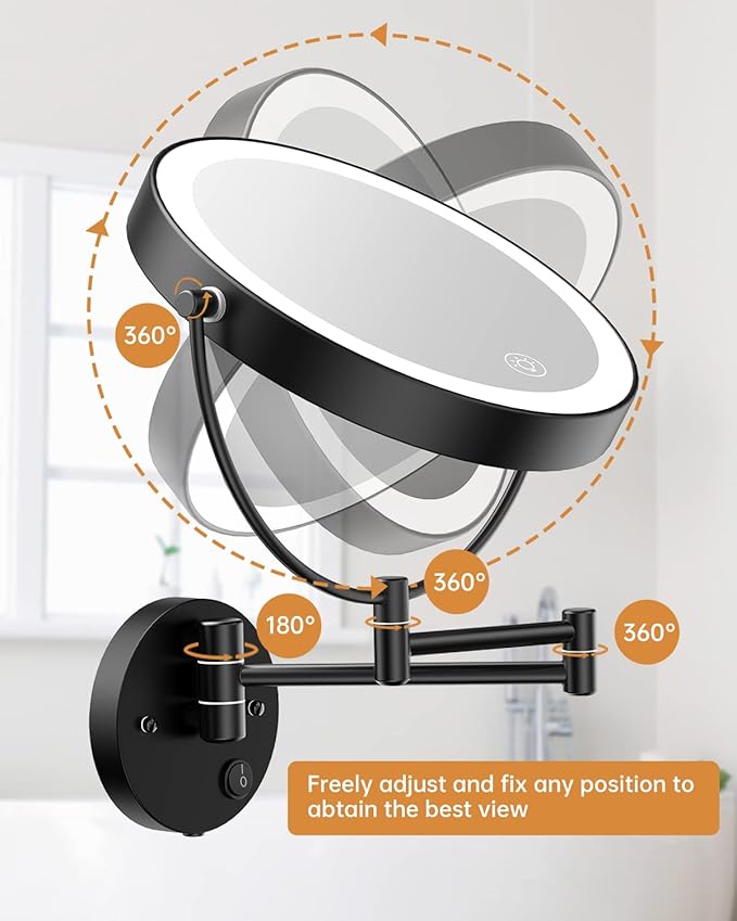 Benbilry 9" Large Wall Mounted Lighted Makeup Mirror, 1X/10X Magnifying Double-Sided AC Pulg-in Powered Bathroom Mirror with 3 Color Lights, Touch Dimmable, Extended Arm 360 Rotation, Black