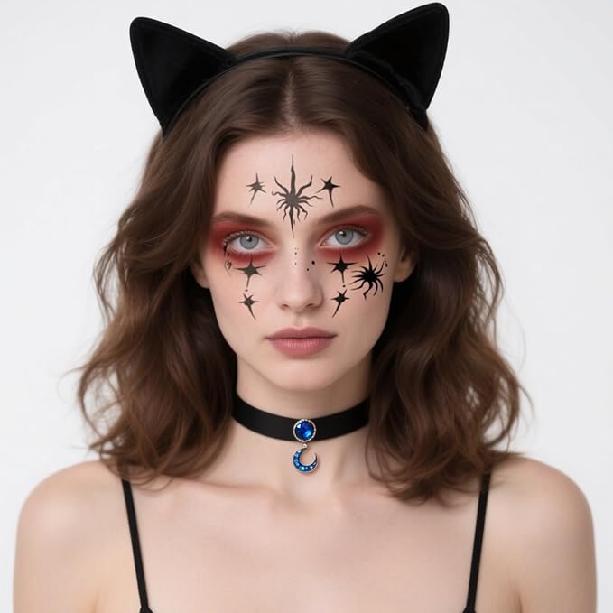 Halloween Face Tattoos, Tattoo Decals with Spider & Star Design,Temporary Makeup Tattoos Stickers, Temporary Face Tattoo Sticker Art for Halloween, Adults, Kids, Costume Parties 8Pcs