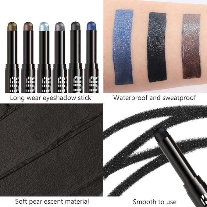 Black Shimmer Cream Eye Shadow Stick Makeup for Women, Black Shimmer Matte Eye Shadow Brightener Stick for Eyes, Long-lasting Waterproof Eyeshadow Pencil Applicator Blendable for Eye Highlight 17