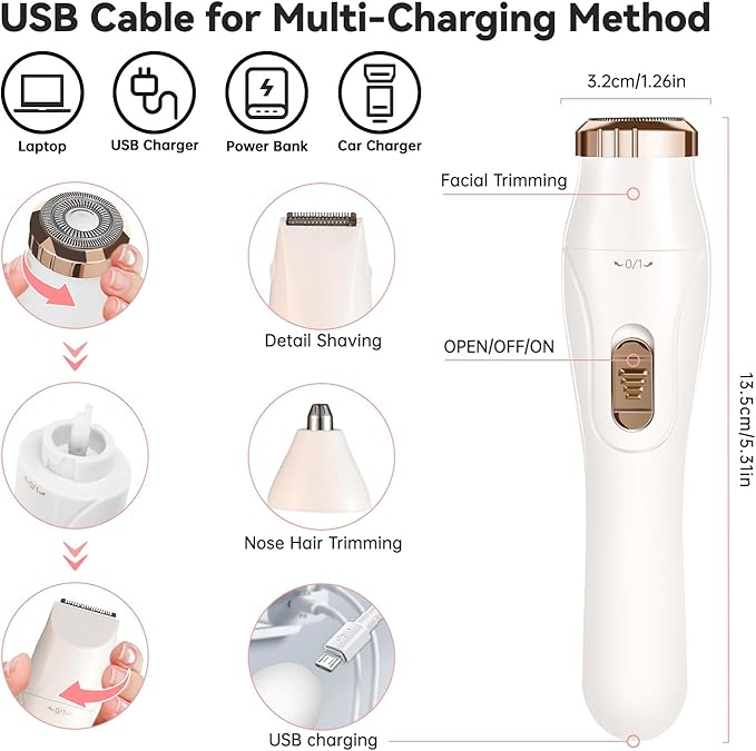 Facial Hair Removal for Women - 3 in 1 Nose Hair Trimmer - Rechargeable Electric Razors Shaver for Face/Leg/Arm/Chin/Eyebrow/Pubic/Bikini Trimmer for Women Lady Body Hair Remover Painless Cordless
