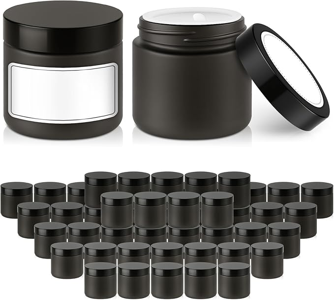2 oz Glass Jars with Lids, Bumobum 48 pack Black Cream Jars with Black Lids, Black and White Labels & Inner Liners, Empty Cosmetic Containers for Cream, Lotion, Ointment