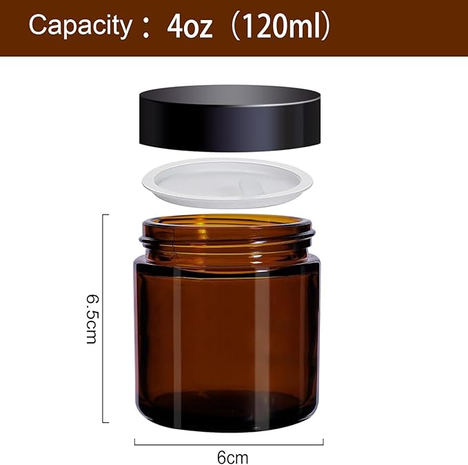 12 Pack 4 oz Round Amber Glass Cosmetic Jars with Inner Liners, Black Lids, Spatula, Chalk Labels, Pen, Candle Holder, Refillable Containers for Makeup, Cream, Sugar Scrubs, Bath Salts