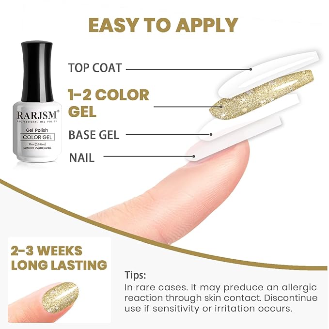 RARJSM Glitter Gel Nail Polish Platinum Gold Metallic Light Gold Iridescent Rainbow Shimmer Flakes Gel Polish Sparkly Chunky Pigments Soak off Led UV Curing Required for Home Salon Manicure Christmas