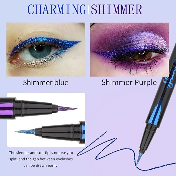 evpct 2Pcs Royal Blue & Purple Glitter Colored Liquid Eyeliner Eye Shadow Makeup Pencil Set, Purple Blue Face Body Glitter Makeup Fake Eyelashes Mascara, Sparkle Metallic Shimmer Eyeliner Waterproof
