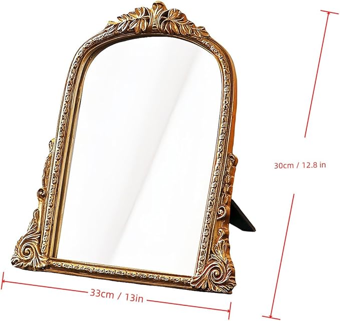 Vintage Gold Vanity Makeup Desk Mirror - Antique Chic Arch Table Mirror with Carved Resin Frame, Small Standing Arendahl Mirror for Living Room, Bedroom, Tabletop (13.2" x 12.8")