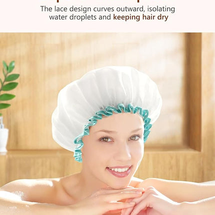 mikimini White Shower Cap for Long Hair 1 Pack, 12 inch large size,Waterproof Washable Hair Caps for Women and Girls, Super Cute and Extra Large