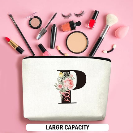 Personalized Makeup Bag, Initial Letter P Makeup Bag for Women Rose Monogram Cosmetic Bags Toiletry Pouch, Monogrammed Gifts for Women Mom Grandma Sister Friends Thanksgiving Christmas Birthday Gift