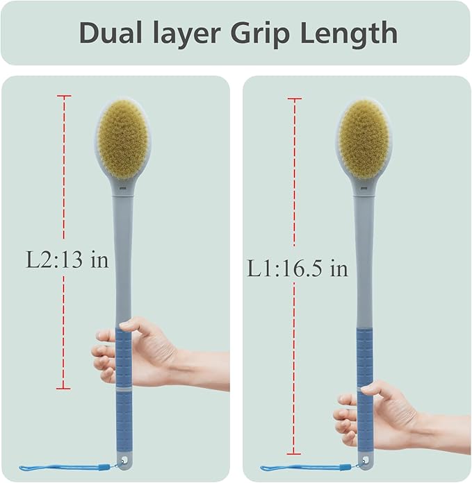 Shower Brush with Soft and Stiff Bristles,17.5" Long Handle Dual-Side Back Scrubber Bath Brush Body Exfoliator for Wet or Dry Brushing (Long Handle)