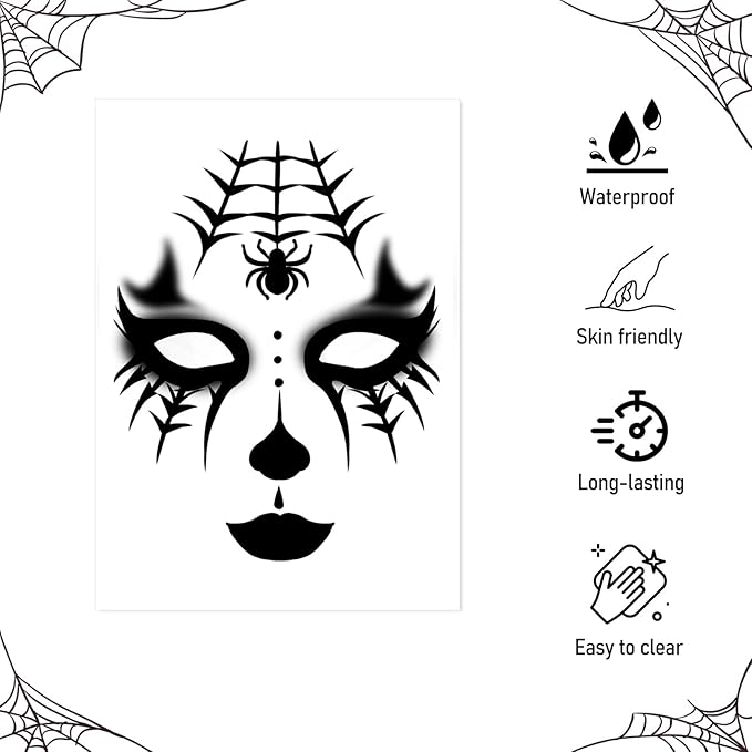 8Pcs Halloween Face Tattoo Stickers, Spider Web Temporary Tattoos, Face Decals,Temporary Makeup Sticker Tattoos, Face Sticker Art for Women Girls Halloween Masquerade Party