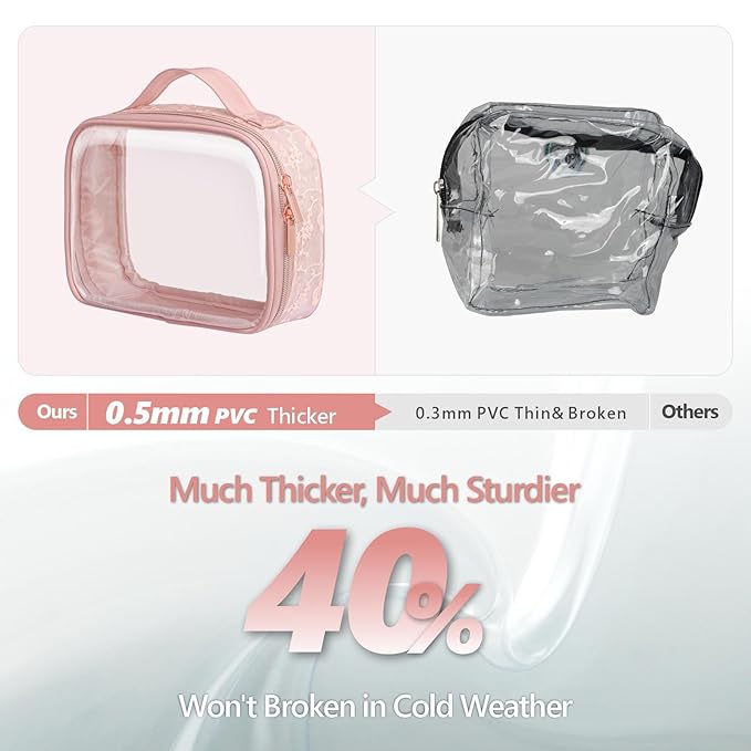 PACKISM TSA Approved Toiletry Bag - Floral Texture Lace Clear Makeup Bags with Handle, Clamshell Closing 180° Opening, Clear Toiletry Bags for Travel Essentials, 0.5 mm Thick, Pink