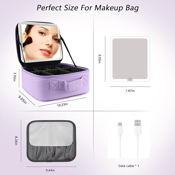 Travel Makeup Bag with LED Mirror Travel Makeup Organizer with 3 Lighted Settings, Adjustable Dividers and Makeup Brush Storage Bag Purple