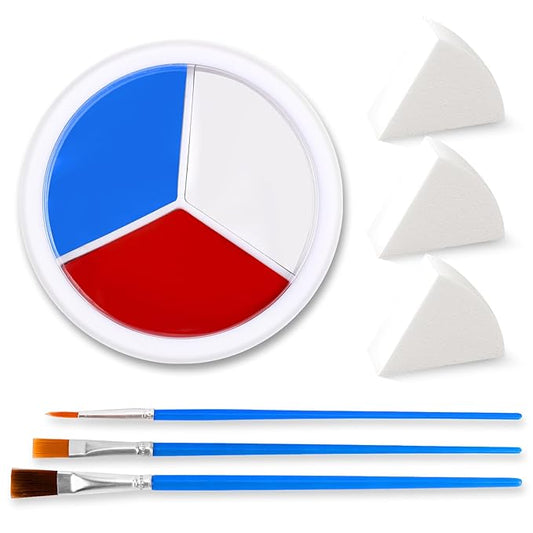 3 Colors Face Body Paint [Blue White Red] + 3pc Sponge + 3pc Brush, USA Themed Accessories Flag Color Eye Black for Sport, Face Paint Halloween Makeup Kit for Clown Vampire Joker Makeup
