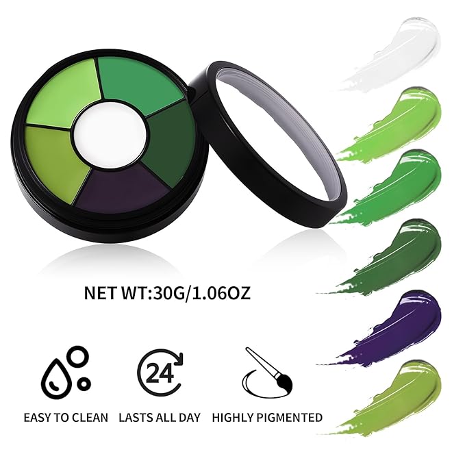 BOBISUKA Green Face & Body Paint – 6 Colors Cream Washable Face Paint for Witch Beetle-Juice Frankenstein Goblin Hunting Camo Costume & Theme – Easy to Blend, High Pigment & Long Lasting