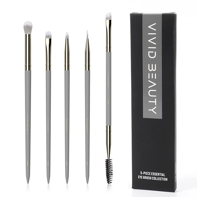 Eye Makeup Brush Set 5pcs - Eyeshadow, Blending, Concealer & Dual-Ended Brow Brushes - Small Travel Make up Tools with Wood Handle & Fluffy Bristles for Natural, Smoky and Glam Eyes Looks (Grey)