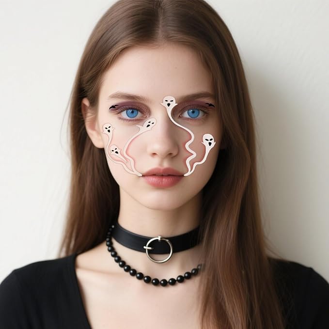 Halloween Face Tattoos, Cute Halloween Face Tattoo, Face temporary Tattoos Stickers, Funny Tattoos with Ghost & Bat,Face Makeup Tattoo Stickers for Halloween Cosplay Party DIY Decorations - 8Pcs