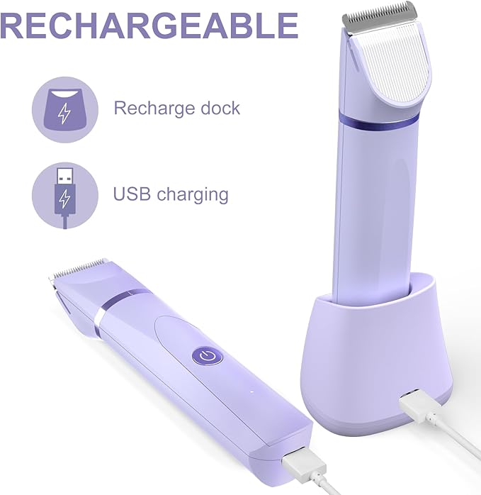 OLOV Electric Body Hair Trimmer - Groin Trimmer for Men - Bikini Trimmer Women - Wet/Dry Shaver Groomer, Replaceable Ceramic Blade Heads, USB Recharge Dock, Waterproof Hygiene Razor,Purple