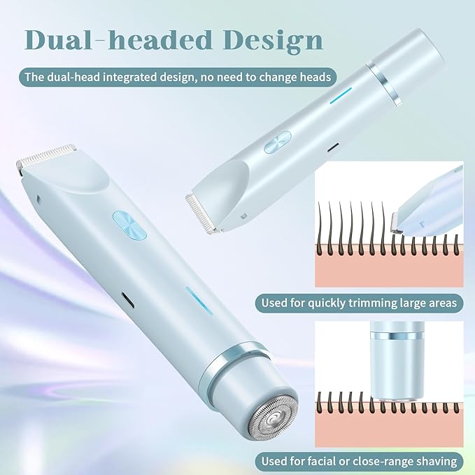 Women Bikini Trimmer, Dual-Head Hair Trimmer for Women,2-in-1 Bikini Shaver with Ceramic Blade Heads & Type-C Charging Port, Electric Razors for Women Pubic Hair,Underarms,Legs,Arms,Face (Light Blue)