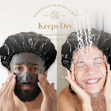 WhaleLife Shower Cap - Black Double-Layer Waterproof Reusable Satin-Lined for Women Men | Fits Thick Hair | Home Spa Travel 4 Pack