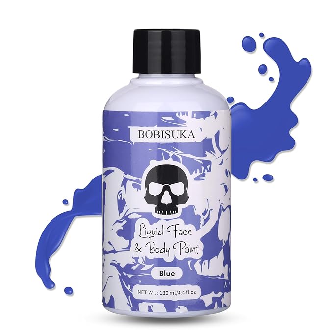 BOBISUKA Blue Face Body Paint Liquid Texture Washable Non Toxic Facepaint Fast Drying Foundation Makeup for Halloween Avatar Corpse Bride Smurf Cosplay SFX Costume Party Large Capacity(130ml)