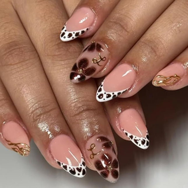 Short Press on Nails Almond Fake Nails with Chrome Leopard Flower Designs French Tip Nails Press ons Glossy Glue on Nail Brown White Gold Acrylic Nail Fall Stick on Nail for Women 24 Pcs