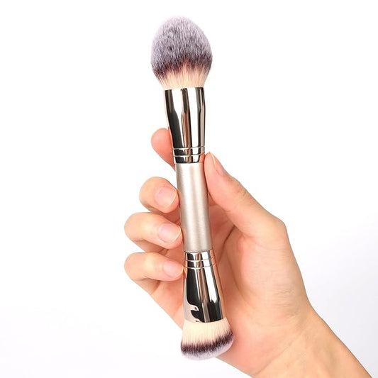 Dual-Ended Foundation Brush: Round & Angled Pro-Grade makeup brushes, 100% Vegan Synthetic Makeup Brush for Flawless Blending and Application of Liquid, Powder, Cream, Blush (Round Dual-Ended)