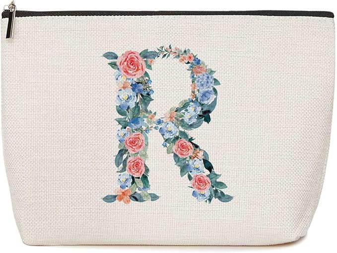 Initial Makeup Bag Monogrammed Travel Toiletry Bag Monogram Cosmetic Bag Birthday Christmas Bridal Shower Bridesmaid Gifts Personalized Gifts for Women Bride Teacher Sister Wife, Floral Letter R