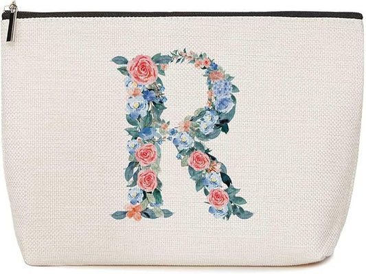 Initial Makeup Bag Monogrammed Travel Toiletry Bag Monogram Cosmetic Bag Birthday Christmas Bridal Shower Bridesmaid Gifts Personalized Gifts for Women Bride Teacher Sister Wife, Floral Letter R