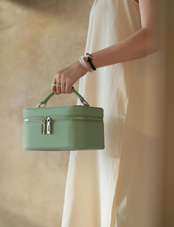 Popvibe Travel Vanity Case with Mirror and Light, Compact Traveling Makeup Bag Set with Brush Holder, Sage Green Leather Cosmetic Case Lighted Up Makeup Vanity Bag Portable Make Up Box Train Case Cute