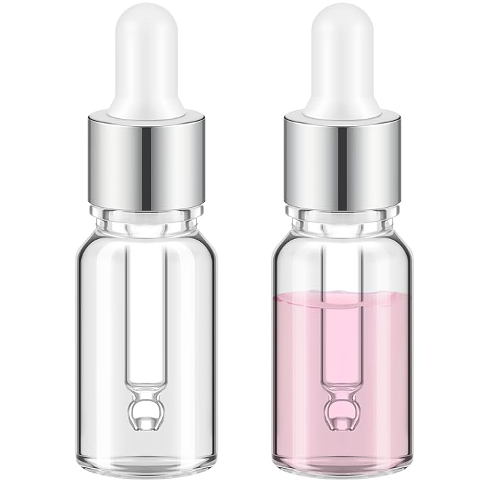 100 Pcs Mini Glass Oil Dropper Bottle Bulk, Clear Essential Small Empty Bottles Sample Containers Perfume Liquid Vials with Cap for Traveling (10 ml,Silver)