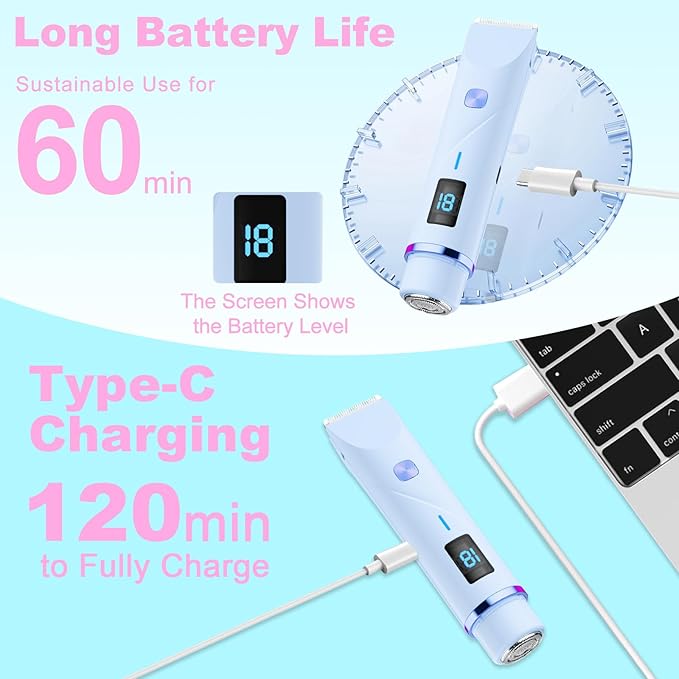 Bikini Trimmer for Women, 2 in 1 Electric Razors for Women Pubic Hair, IPX7 Waterproof Dual Head Bikini Shaver with LED Display, Rechargeable Electric Trimmer (Blue)