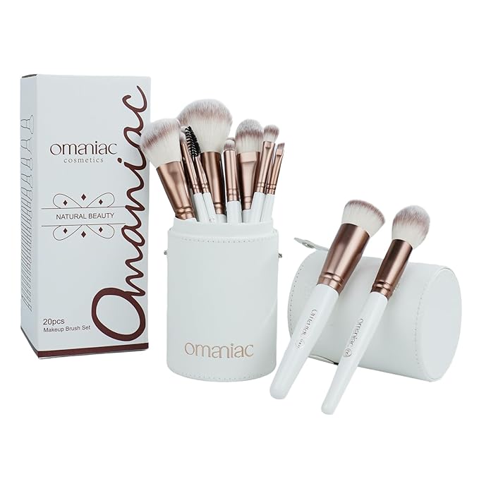 OMANIAC Makeup Brush Set Professional, 20Pcs Pearlescent Wood Handle Makeup Brushes, Premium Cruelty-Free Synthetic Fiber Hair, Travel Make up Brushes Set with Case (White)