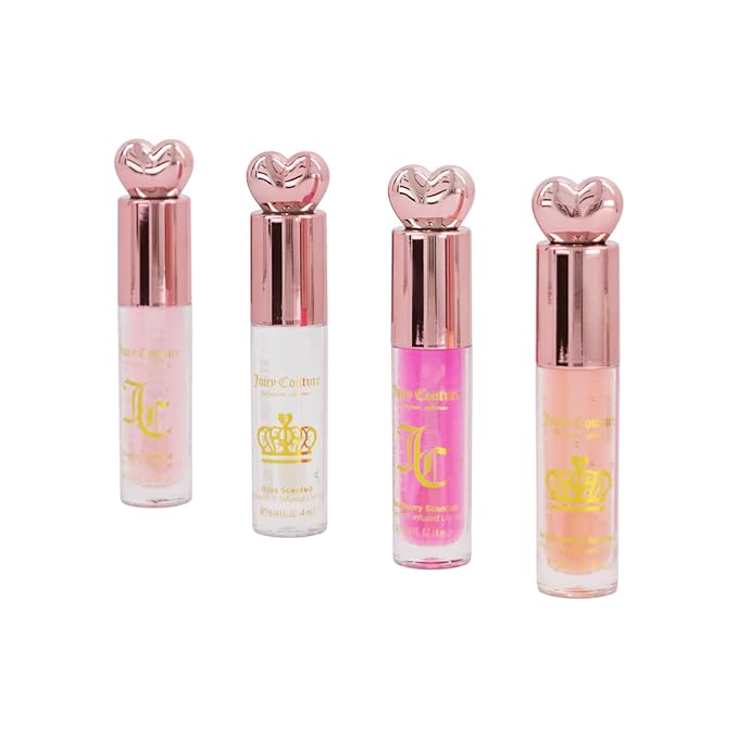 Juicy Couture 4 Pack Lip Oil Set - Cherry, Rose, Raspberry, & Watermelon, Mini Oil Tubes Perfect for On-the-Go Application & Touch Ups