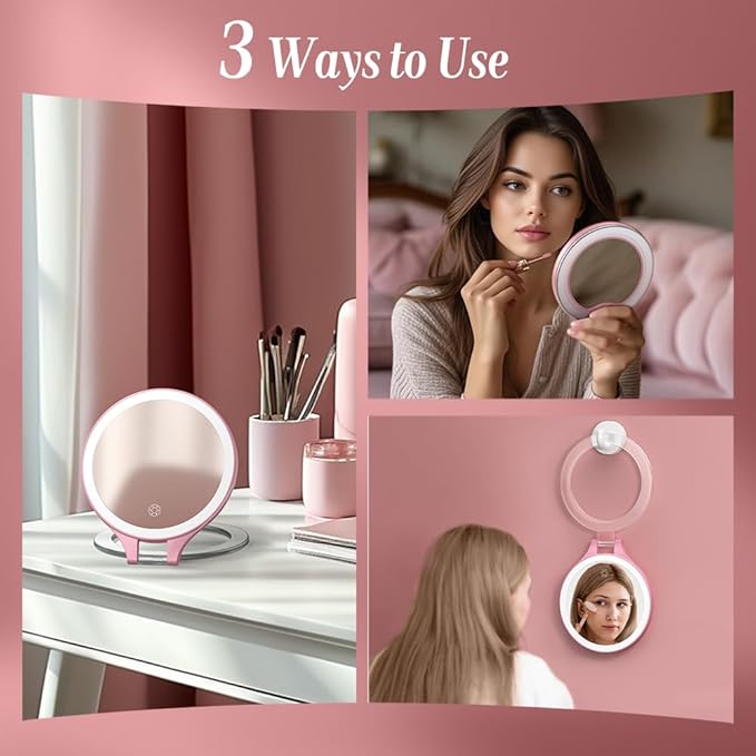 Luxspire Magnifying Mirror with Light, 10X / 1X Double Sided Makeup Mirror, Portable Travel Makeup Mirror with 3 Color Lights and Magnification, Foldable Handheld Lighted Mirror, Pink