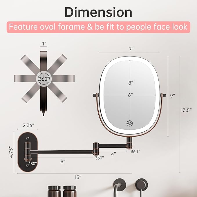 20X/1X Wall Mounted Lighted Makeup Mirror, Rechargeable Double Sided Magnifying Bathroom Lighted Mirror, 3 Color Modes Touch Dimmable Extended Arm 360 Rotation, Antique Bronze