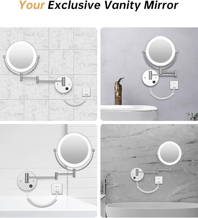 Gospire 8.5" Wall Mounted Lighted Magnifying Mirror, 1X/10X Double-Sided Magnification Round LED Cosmetic Vanity Bathroom Mirror Extendable Arm 360° Swivel for Shaving Makeup