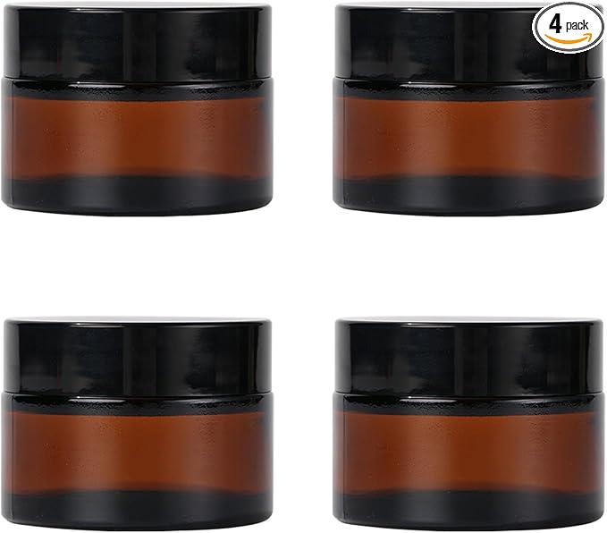 Amber Glass Jars with Lids, 4 Pack 1oz Small Glass Jars with Inner Liners, 30 ml Reusable Empty Round Cosmetic Container for Creams, Lotion, Cosmetic, Spice, Powder