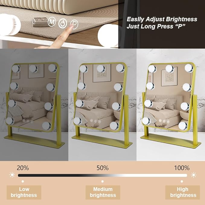 Gold Light Up Vanity Mirror,Make Up Mirror with Lighting, Lighted Makeup Mirror with Magnification, Touch Control Design 3 Colors Dimmable