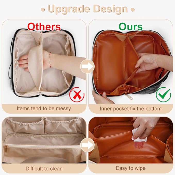 Checkered Travel Makeup Bags Cosmetic Organizer Bag: 2-Set Large Capacity Waterproof Makeup Bag - PU Leather Toiletry Bag for Women - Wide Open Portable Pouch with Handle and Divider (BLACK)