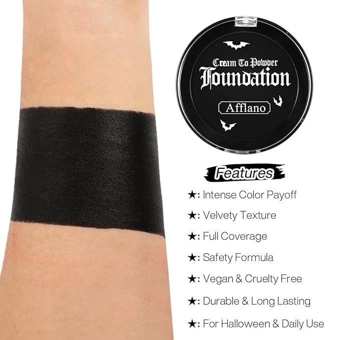 Black Face Body Paint Cream to Powder Foundation Makeup, Gothic Black Facepaint Halloween Makeup for Kids & Adults, Pro Body Paint for Cosplay, SFX, Emo, Clown, Zombie, Vampire, Theater, Film,Skeleton