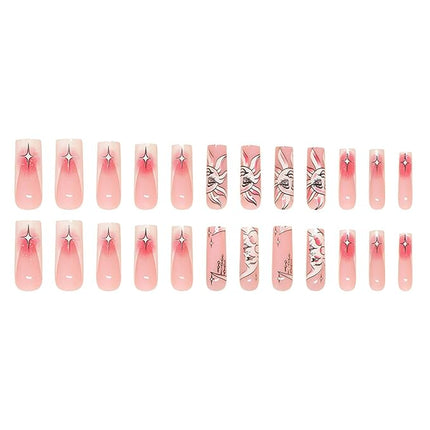 RUOKEXIN Long Square Press-On Nails - Pink Ombre, White French Tip Glitter Artificial Nails with Sun Moon Designs - 24 Cute, Glossy Glue-on Sets