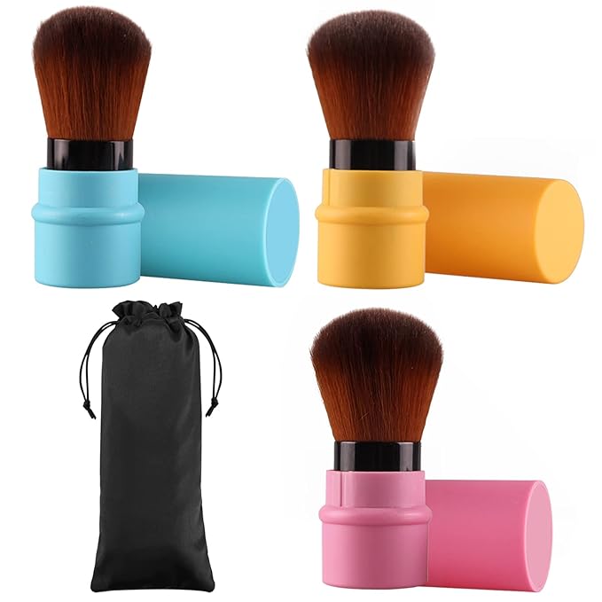 Vtrem Retractable Kabuki Brushes Travel Face Blush Brush Makeup Brush Portable Small Soft Powder Brush with Cover for Blush, Bronzer, Buffing, Flawless Powder, Cosmetics Tool, Blue/Red/Yellow