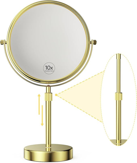 Nicesail Height Adjustable 15~19” Tall Table Mirror, 1X 10X Magnifying Mirror Double Sided for Makeup&Shaving, Desk Vanity Mirror Tabletop 360 Rotation of 8” Face, Bathroom Shiny Gold Makeup Mirror