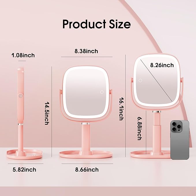 Makeup Mirror with Lights - 10x/1x Magnifying Mirror with Light, Rechargeable Desk Mirror with 3-Color Lighting & Memory Function, 360° Adjustable Table Mirror, Gift for Women (Pink)
