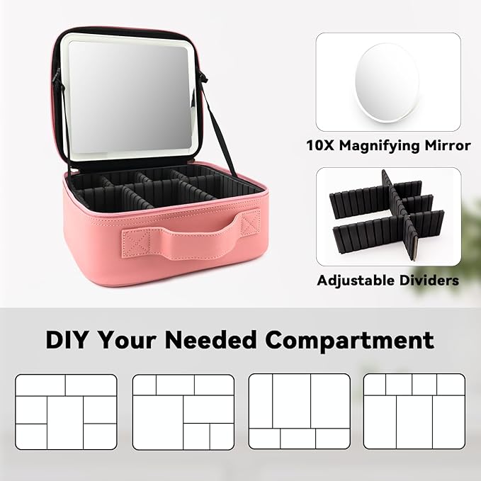 Travel Makeup Bag with LED Mirror and 10x magnifying glass with 3 Lighted Settings, Adjustable Dividers and Makeup Brush Storage Bag Pink