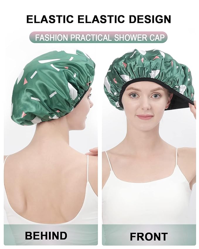 YIZIJIZI Triple Layer Reusable Waterproof Shower Cap for Women Large Terry Lined Hair Cap for Long Thick Hair Travel Bath Care Green Flowers