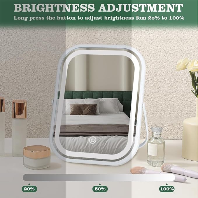 Rechargeable Desk Vanity Makeup Mirror with Lights,8x6 Inch Folding Portable Mirror with Metal Stand Adjustable Rotation,Tavel Make Up Mirror for Table