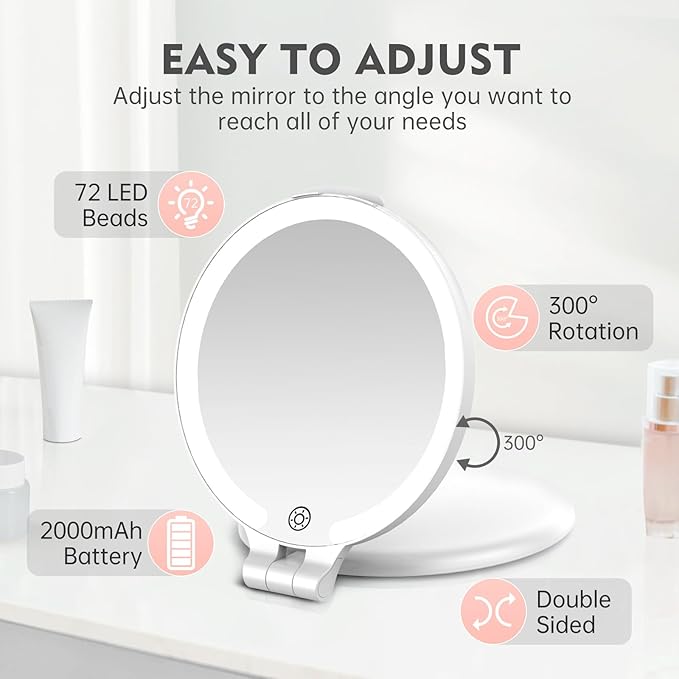 FUNTOUCH 7'' Travel Makeup Mirror with Lights 10X Magnifying, 3 Color Portable Double Side Vanity Compact Mirror with Rechargeable for Travel Essential, Gifts for Lover